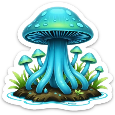 Black and cyan and blue and neon green bioluminescent shiny glowing ET gooey shroomy plenty icky sticky muddy swampy spore flower ecosystem environment  sticker