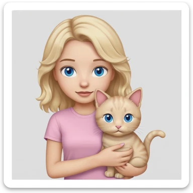 make a girl emoji that has blonde wavy hair and blue eyes with a light pink t shirt holding a grey cat sticker