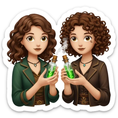 two forest alchemist women one long wavy brown hair tattoos one short tight curly brown hair clinking glowing vials sticker