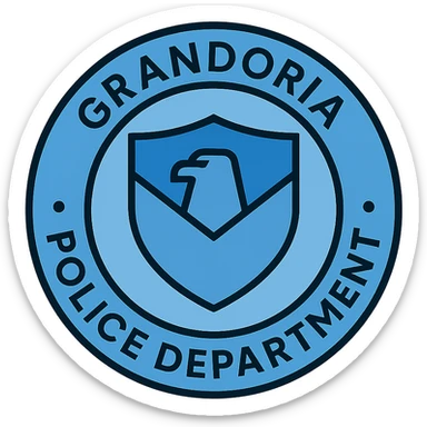 modern circular police logo with 'GRANDORİA POLİCE DEPARTMENT', minimalist design, blue tones, subtle shield or eagle motif, clean and professional, detailed lineal color icon style sticker