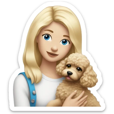 girl with straight blonde hair and blue eyes holding a fluffy poodle puppy sticker