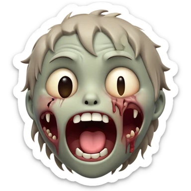 Cinematic Cute Yawning Zombie Portrait Emoji, with a delightfully quirky, slightly disheveled face in muted ashen tones, head tilted back in a big, funny yawn that reveals quirky stitches and playful gaps, simplified yet irresistibly charming, highly detailed with a soft, eerie glowing outline capturing the sleepy, offbeat vibe of a zombie taking a nap! sticker