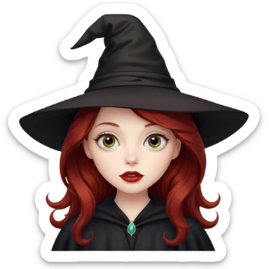 long and wavy dark red haired girl, with thick lips, big eyes and she looks like a witch sticker