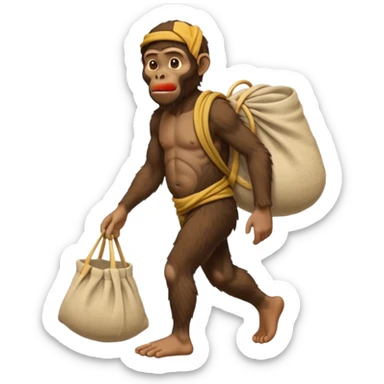 Draw an Australopithecus walking like a nomad, carrying a cloth bundle over its shoulder, in a cute flat iPhone emoji style sticker