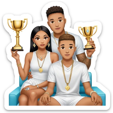 Internet celebrity Josh King Madrid jetset wearing shiny diamond earrings and sparkly iced out diamond tennis necklace chains with Instagram model girl tefi valenzuela sitting with him holding gold internet celebrity trophy on tv show in Miami sticker