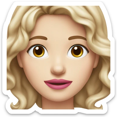 An adult white woman with wavy brown shoulder-length hair, pink lips, and blue eyes, cropped at the shoulders, on a white background sticker