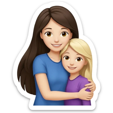 A beautiful mother with long dark brown hair hugging her cute 12yr old blonde hair daughter super happy sticker