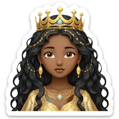 a black beautiful angel with gold pattern on her face and and long wavy black hair, she wears a ethereal crown with sparkling strings and a beautiful sparkling golden gown with moon crest in the middle of the gown, her face calm, gentle and kind, magical aura around her sticker