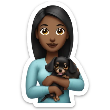 A curvy African American woman with dark skin and straightened black hair holding a black and brown chihuahua  sticker