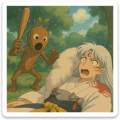 Wooden creature holding a baseball bat and scaring sesshomaru While he is sleeping We are shocked sticker