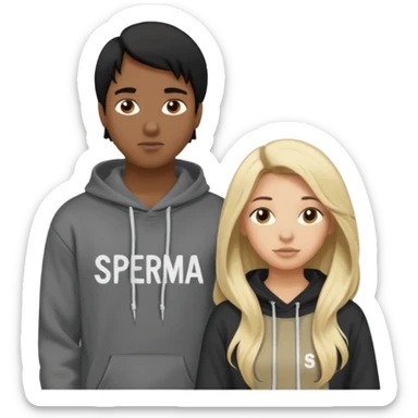I want it to be this emote 🙍‍♂️
of a guy with black hair and a black sweatshirt with the word "sperma" written in white in the middle. Behind him, there's a pretty blonde with long hair, pulling the string on the first person's hoodie. The girl is wearing a gray sweatshirt. sticker