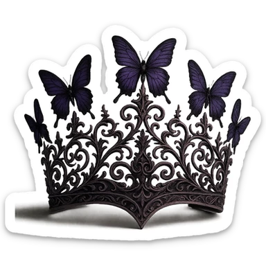 mysterious and elegant butterfly crown, matte pink with purple butterflies, gothic filigree, transparent background sticker