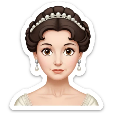 middle-old age lady with dark brown hair, styled in an elegant Regency-era updo, Soft brown eyes, kind but firm gaze, Wears delicate pearl earrings, sticker