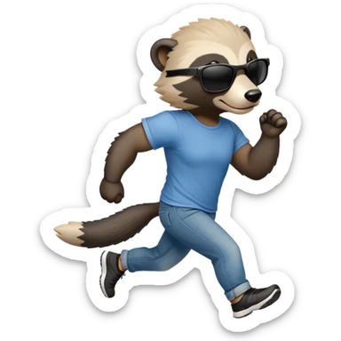 friendly anthropomorphised honey badger in jeans and a t-shirt, wearing sunglasses, jogging upright, relaxed pose sticker