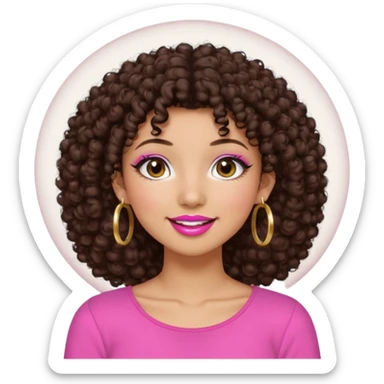 Naturally tan skin girl short darkBrown curly afropink shirt very long lashes hoop gold earrings Brown eyes gyaru smiling closed mouth cute non perfect circular a sticker