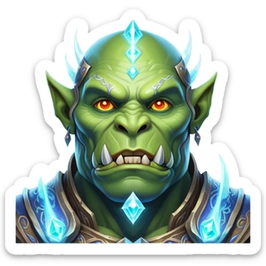A luminescent galactic enchanted orc, his ethereal presence shimmering with otherworldly energy, each detail radiating with mystical power and ancient wisdom. The image is vivid and captivating, drawing viewers into a mesmerizing realm of fantasy and magic. sticker