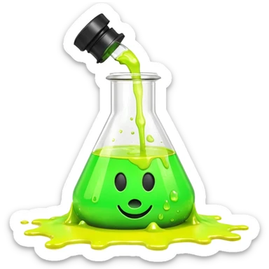 3D render of Spilled Flask, toxic waste aesthetic, neon green bubbling liquid, caution yellow metal, industrial warning texture. sticker