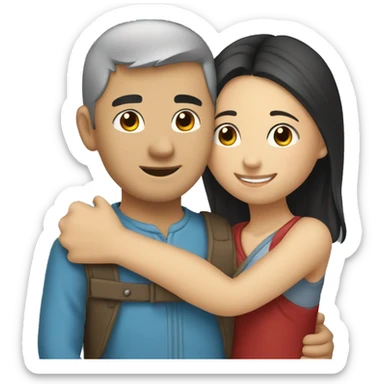 hug between asian girl and romanian man with a  sticker
