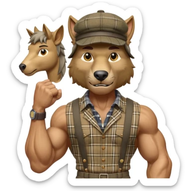 extremely super-duper hyper muscular wolf furry extremely exaggerated muscles with chiseled face, horse-length bullneck and an elongated snout, wearing a plaid dress shirt halfway buttoned, khaki dress slacks and very large newsboy cap on his head while flexing his bicep muscles sticker