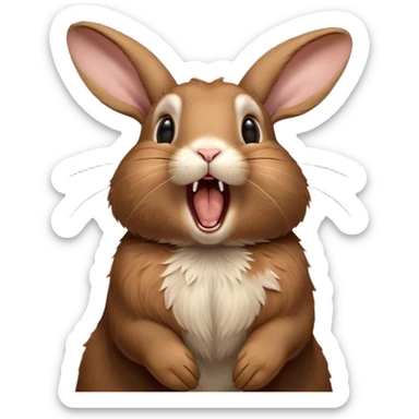 Cinematic Cute Yawning Brown Rabbit Portrait Emoji, Head tilted slightly with a dramatic, wide-open yawn, showcasing a smooth, rich brown fur with floppy ears, round brown eyes barely open in drowsy contentment, Simplified yet irresistibly adorable features, highly detailed, glowing with a soft, cozy glow, high shine, relaxed yet expressive, stylized with a touch of whimsy, bright and endearing, soft glowing outline, capturing the essence of a sleepy yet affectionate bunny, so drowsy it feels like it could stretch out of the screen and curl up for a nap! sticker