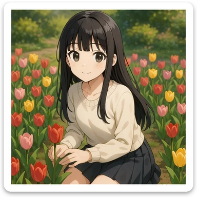 3D anime style girl with long black hair and thin bangs, kneeling among tulips in a garden sticker