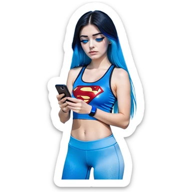 Shameful disappointed crying-very very very very big chest-texting on a samsung cell phone-very long straight flowing black to sky blue hair ombre-blue eyes-black eyeliner-long eyelashes-plastic sparkling sky blue very low cut tank top with sparkling superman logo-black leggings-nike sneakers sticker