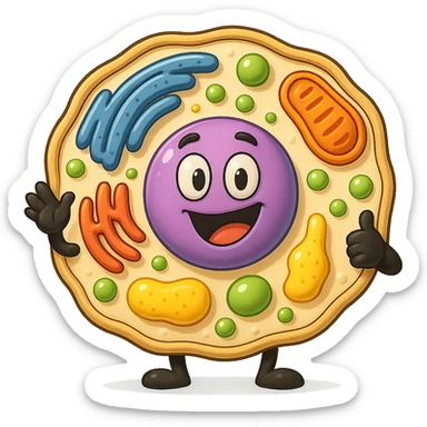 Make the cell and organelles more 3D and cartoon style, remove the background, with vibrant colors and smooth shading typical of western adult animation cartoons. sticker