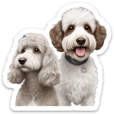 Brown and white poodle beside a all grey aussiedoodle sticker