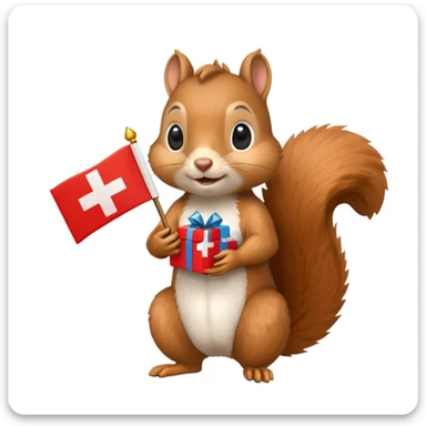 a squirrel holding a gift box and a Swiss flag, both objects clearly visible, simple white background sticker