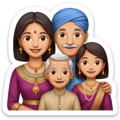 Indian family with a 70 years old father and mother and a 40 years old daughter. They wear a traditional dress. They are smiling. sticker