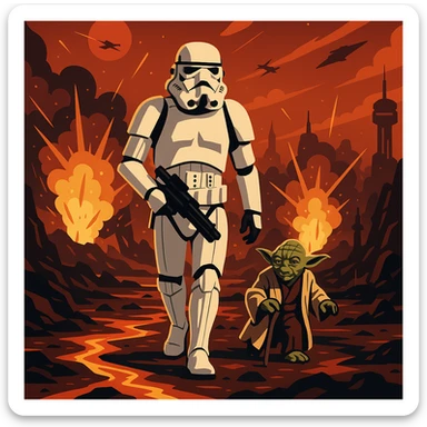 vector art of a Starwars stormtroopers is walking on lava planet with yoda, battleground background 
 sticker
