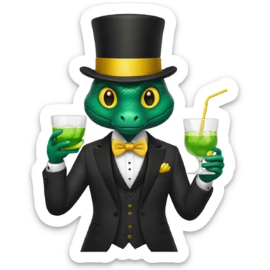 snake wearing suit, bowtie and top hat, holding a glass of green drink sticker