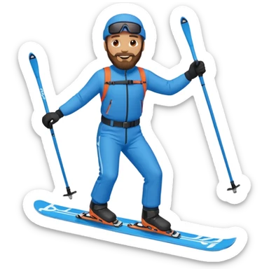 bearded man skiing, blue outfit, smiling. full body view sticker
