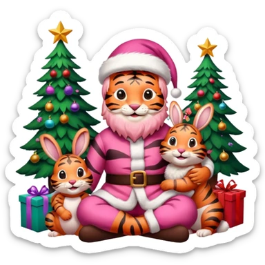 Smiling Pink tiger with Santa sitting with a bunny as friends and brightly lit colorful Christmas trees 🎁  sticker