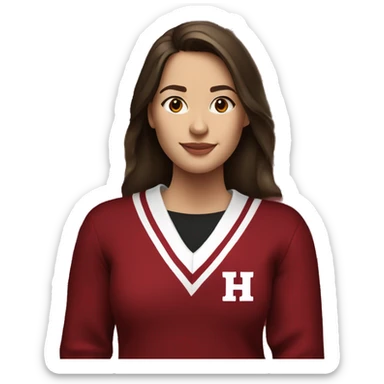 A brunette girl wearing a crimson and white sweater with the  black crimson and white Harvard university logo on it sticker