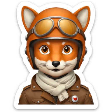 renard aviateur, casque en cuir vintage, écharpe blanche, blouson aviateur sticker