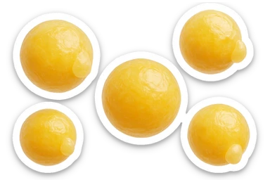 CINQUE CELLULE DI GRASSO GIALLE ANATOMICHE REALISTICHE FLUTTUANO IN ARIA, iperrealistico 4k, ISOLATA SU SFONDO BIANCO sticker