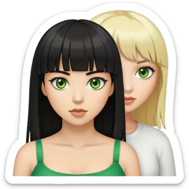 Black Hair woman with bangs and brown eyes with blonde hair woman with green eyes both white skin sticker