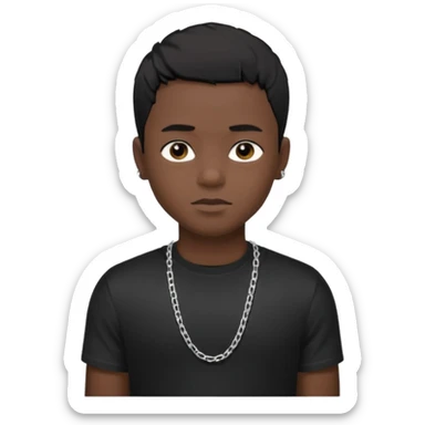 Generate a emoji of a black boy with dark skin, wearing a black compressed T-shirt, with short 4C black hair and make him wearing a silver chain, and make the chain thin sticker