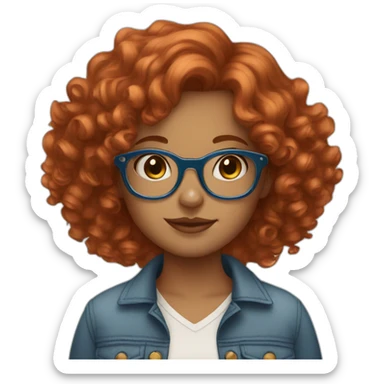 pretty girl with curly copper hair and blue glasses holding a big banner sticker