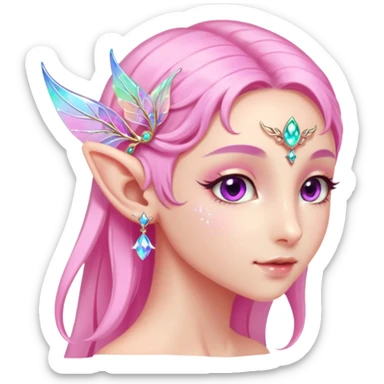 portrait of pink Elvish fae shiny sparkly iridescent translucent diaphanous ear climber ear cuff sticker