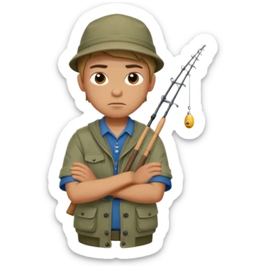 A boy with crossed arms, looking annoyed, dressed in fishing clothes. sticker