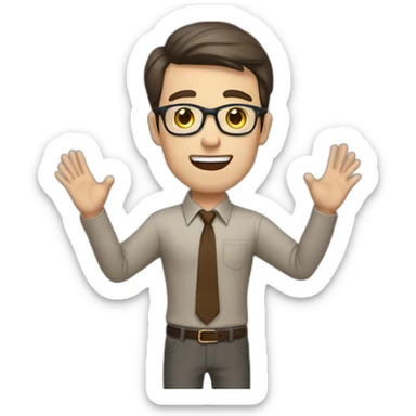 To belt Actively gesturing with hands Pale skinned fit man teacher with dark brown hair in gray jacket, beige office shirt, brown tie, brown pants and vintage glasses. sticker