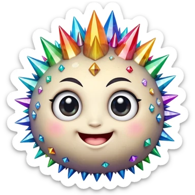 A single spiky crystal rock character, chubby and compact, covered in short chunky crystal spikes and faceted planes, iridescent rainbow colors, cute round face on the front with big glossy eyes and a wide happy smile, sticker
