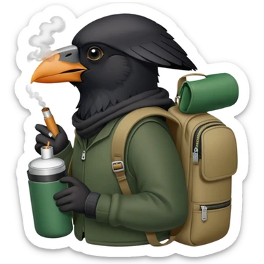 a realistic crow smoking from an iqos and carrying a dark green to khaki backpack on his back sticker