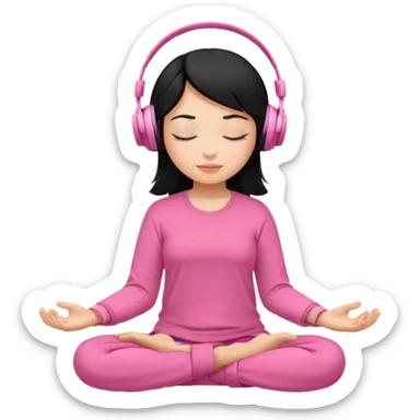 Chica de pelo negros con los ojos cerrados escuchando musica en audifonos y con camisa rosa mientras medita sticker