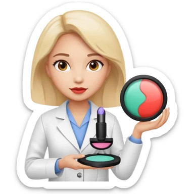 woman scientist in a lab coat presenting a makeup cushion modern technology vibe sticker