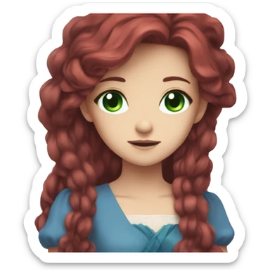 A anime girl with long dark red hair and green eyes wearing a blue dress sticker