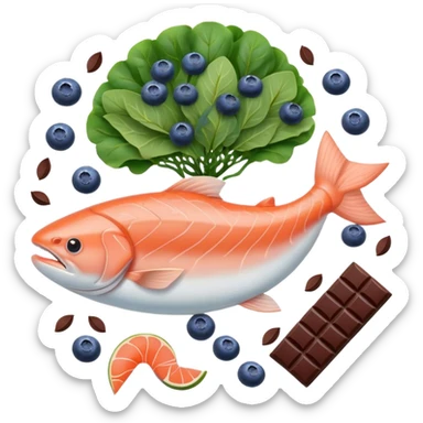 brain surrounded by healthy lifestyle choices, exercising, salmon, dark chocolate, blueberries, seeds, leafy greens . brain booster sticker