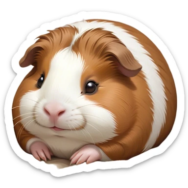 Meme-Worthy Cute Sleeping Brown and White Banded Guinea Pig Portrait Emoji, Head resting peacefully with a contented smile, showcasing a delightfully chubby build and a luxuriously soft banded coat of brown and white, eyes shut in a serene, cozy nap, Simplified yet hilariously adorable features, highly detailed, glowing with a soft, drowsy light, high shine, relaxed and utterly lovable, stylized with an air of playful laziness, bright and heartwarming, soft glowing outline, capturing the essence of a comically sleepy guinea pig, so meme-worthy it feels like it could instantly become the next viral sensation of adorable slumber! sticker